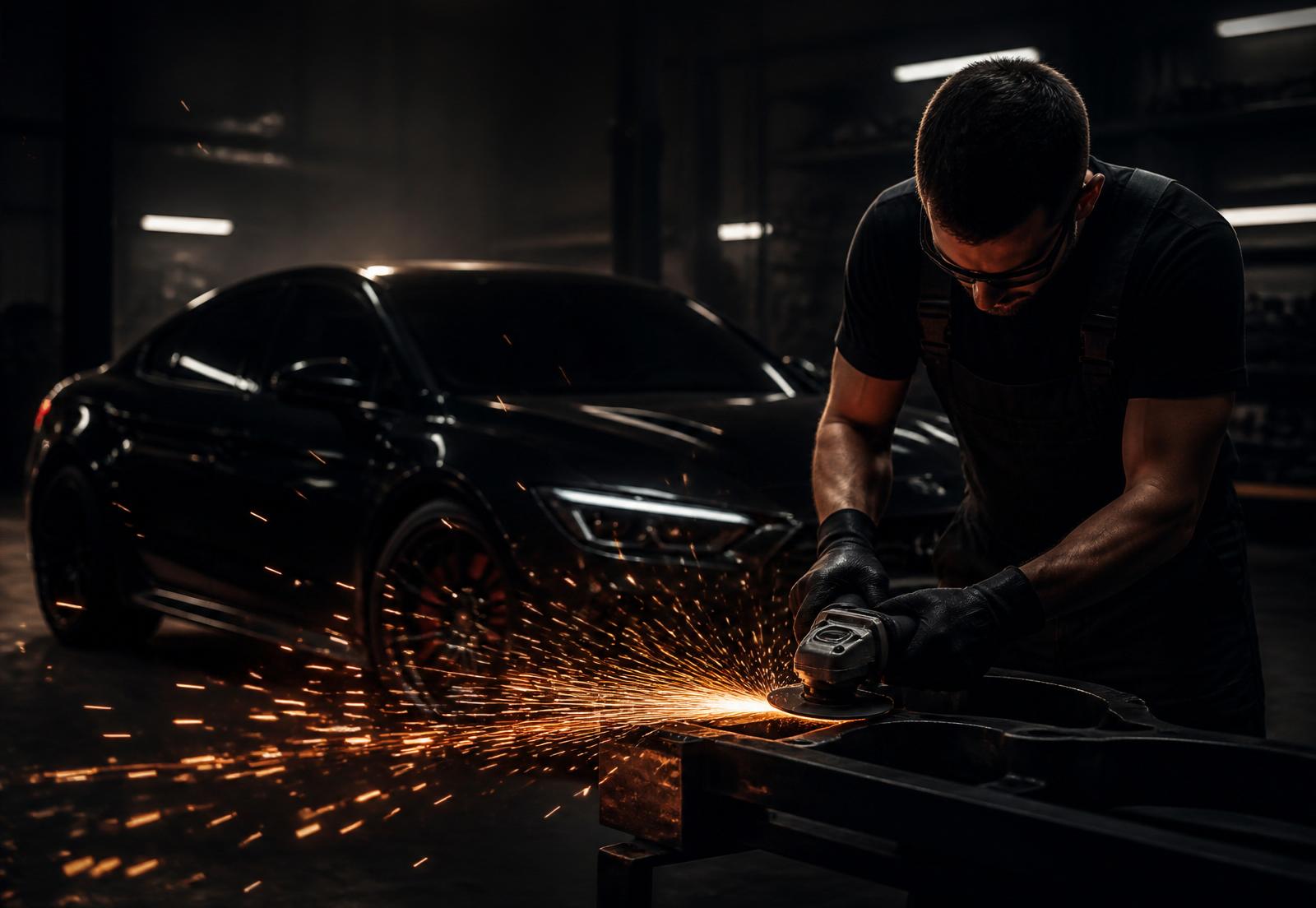 Automotive workshop with sparks flying